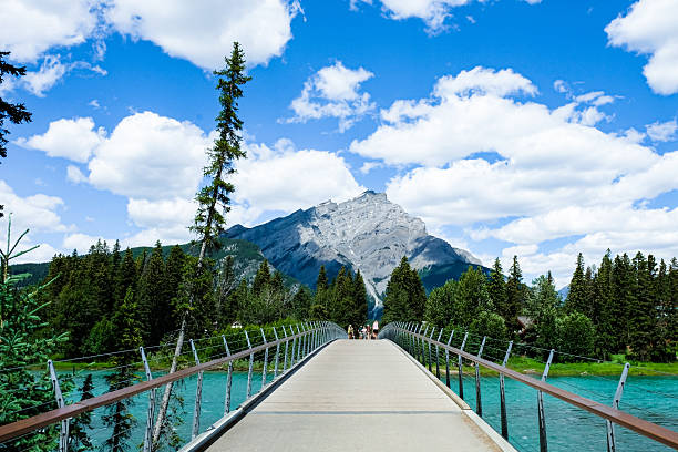 Bridge over river with mountains in the distance