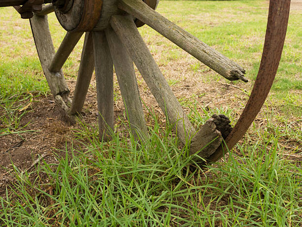 Weathered old wagon wheel on a freight wagon.
