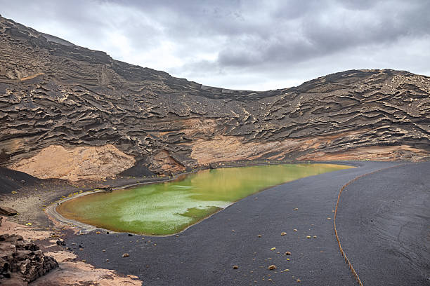 Emerald Oasis in Volcanic Land: The Green Lagune (Charco de los Clicos) in El Golfo, Lanzarote – a stunning, mineral-rich lake nestled inside a volcanic crater, contrasting with the black sand beach and Atlantic Ocean. The green color comes from sulfur bacteria and sunlight refraction. The lava is left from an eruption in the period 1730-1736.
