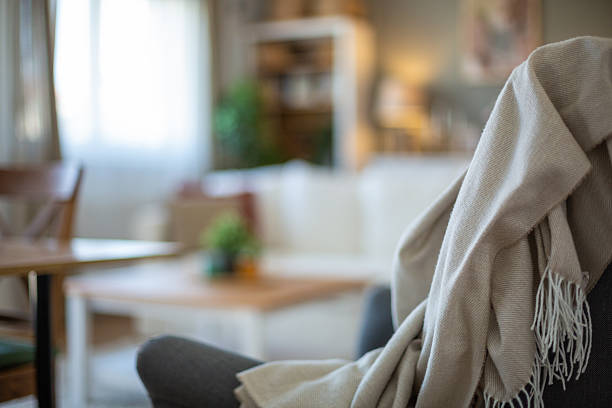 istock Gray armchair and cozy blanket 2209724516