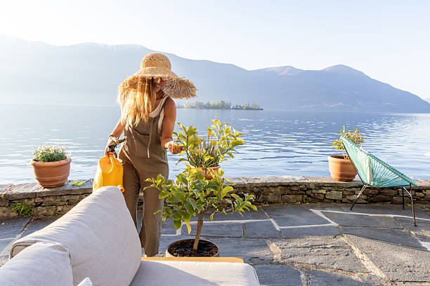 Woman in straw hat waters plants by a serene lake. Leisure gardening in outdoor patio. Relaxing lakeside gardening scene with scenic mountain views.