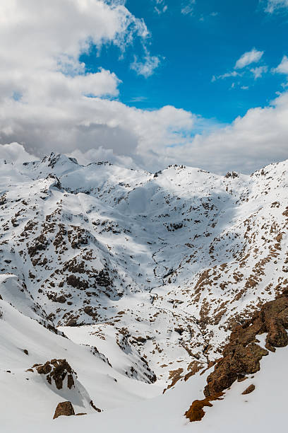 istock High-angle view of a snow-covered mountain valley in Sierra de Gredos, Spain, with dramatic rocky terrain and a bright blue sky framed by scattered clouds 2209730891