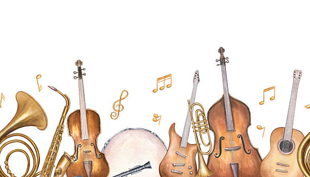 istock Music instruments and musical notes horizontal seamless watercolor banner isolated background. Acoustic and electric guitar, violin, trumpet, saxophone, French horn, drum, and double bass illustration 2209743578