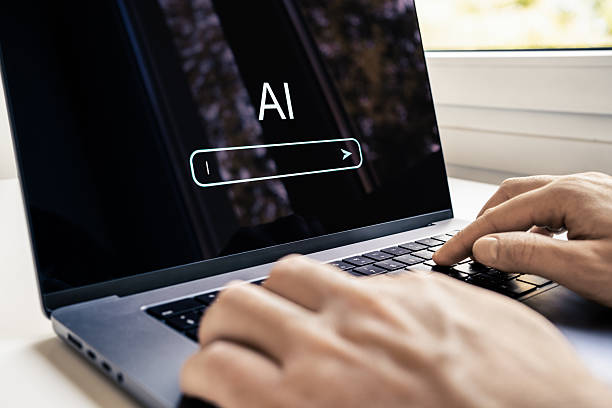 istock Generate content with AI prompt. Text or image generator in laptop. Artificial intelligence search engine. Website SEO technology tool. 2209750328