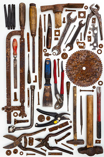 istock Flat lay of old hand tools on white background. 2209758954