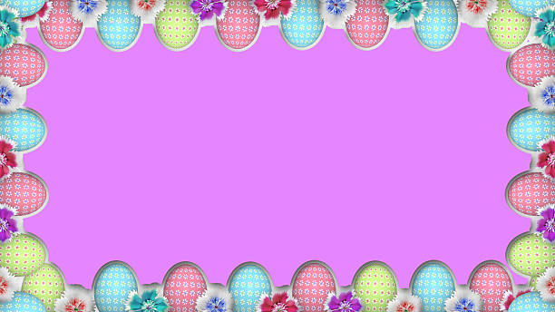 Overhead view of painted Easter eggs, tulips, paint and paintbrushes shot on wooden table. Copy space. High resolution 42Mp studio digital capture taken with Sony A7rII and Sony FE 90mm f2.8 macro G OSS lens