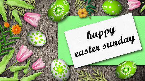 happy easter Sunday blessings with beautiful flowers, eggs and wooden background. concept for easter holiday celebration and decoration.