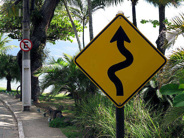 Winding road sign indicating road curves on the foreground, and no parking sign on the background, State of São Paulo, Brazil.