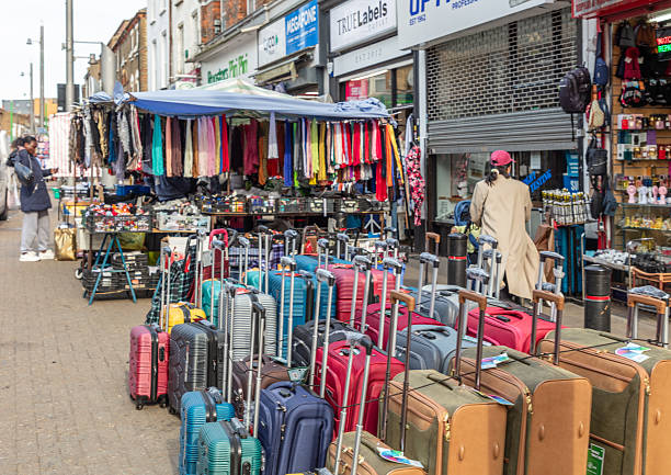 A view of a suit cases stall at  Walthamstow market on Walthamstow High Street. Shot 8 April 2025.