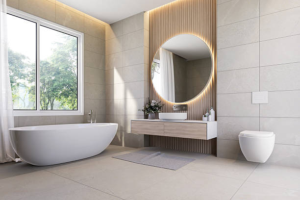 istock Modern contemporary bathroom with nature view 3d render 2209763868