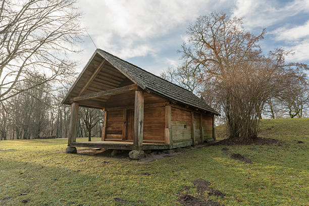 istock A wooden shed among trees against a blue sky 2209769739