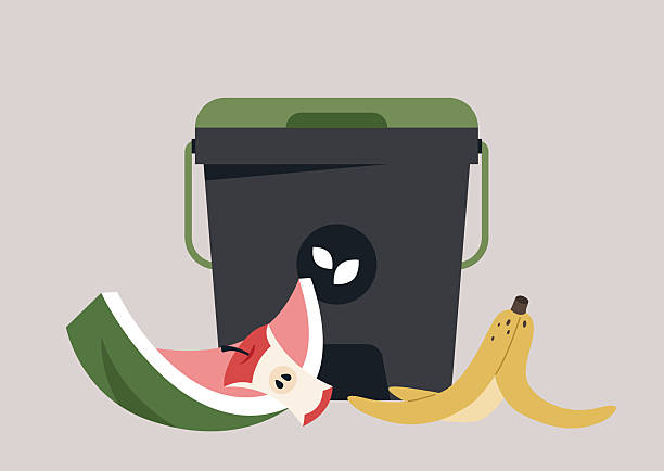 ilustraciones, imágenes clip art, dibujos animados e iconos de stock de coloridos restos de comida se reúnen alrededor de un contenedor de compost, mostrando una mezcla vibrante de restos de frutas y verduras desechadas, lo que enfatiza la importancia de la gestión ecológica de los residuos en la cocina - contenedor para la basura