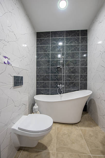 istock Modern Bathroom Interior with Freestanding Bathtub and Tile Design 2209778090