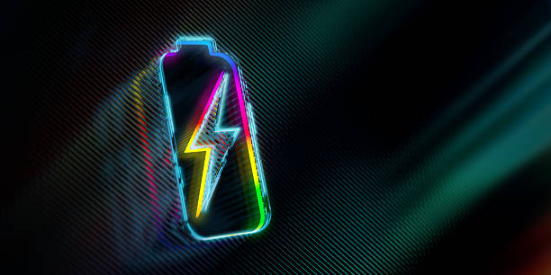 Colorful Battery Icon With Neon Lightning on a Dark Background. Symbolizing Energy Efficiency and Sustainable Energy and Modern Charging Technologies