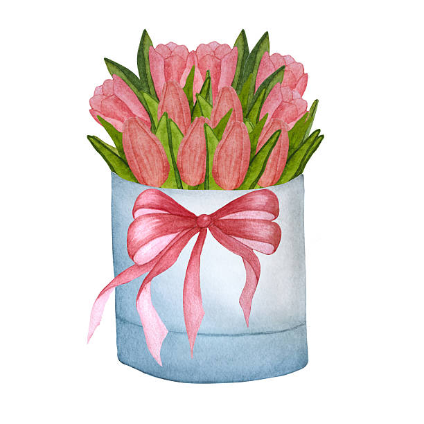 close-up of three purple tulips on a blue rustic wooden table in watercolors