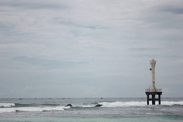 A rocky shoreline with palm trees  and a gazebo on a pier in Trelawny, Jamaica.