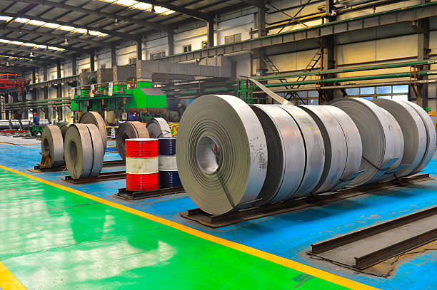 istock Hot rolled strip steel in the warehouse 2209806035