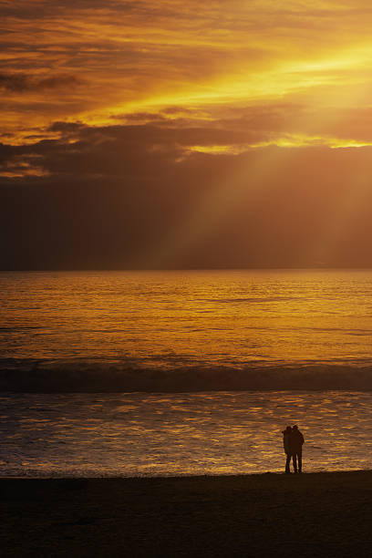 Silhouettes of a couple stand on a California beach at golden sunset, surrounded by warm, glowing light.