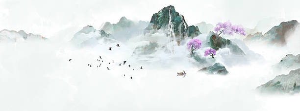 Hand drawn ink landscape painting illustration