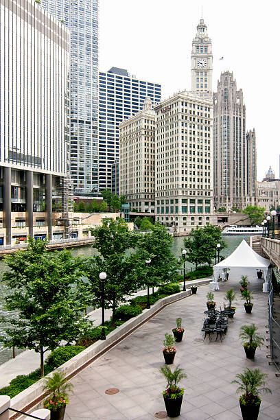 Wrigley Building and Tribune Tower in downtown Chicago as seen from the Riverwalk