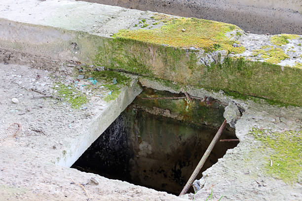 istock An abandoned concrete well or hole in the ground with a peeling surface covered in moss. Rusty reinforcement bars and a dark space below are visible. 2209828640