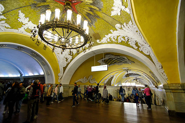 MOSCOW, RUSSIA - AUGUST 2, 2019:  Komsomolskaya  is a Moscow Metro station in the Krasnoselsky District, Central Administrative Okrug, Moscow. It is on the Koltsevaya line, between Prospekt Mira and Kurskaya stations.
