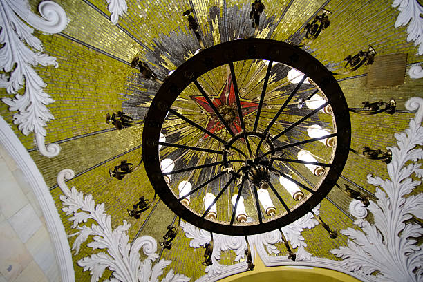 MOSCOW, RUSSIA - AUGUST 2, 2019:  Komsomolskaya  is a Moscow Metro station in the Krasnoselsky District, lamp and red star on the ceiling