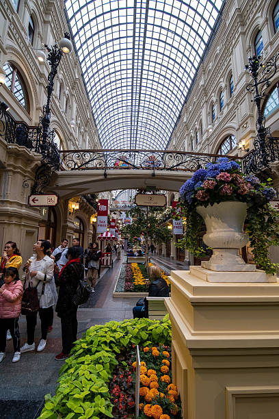 Moscow, Russia -August 7, 2023: Fountain in the center of the GUM store on Red Square