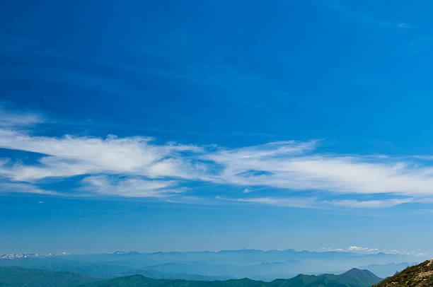 Landscape of mountain under blue sky and white clouds.