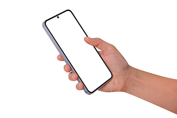 istock Hand showing smartphone with blank screen isolated on white background. High quality studio shot. Concept for technology, business, finance and advertising. 2209843220