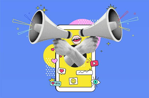 illustrations, cliparts, dessins animés et icônes de collage en demi-teinte avec smartphone et haut-parleur à la main, diffusion d’actualités et de publicité. concept d’engagement, popularité du contenu, promotion du contenu. bannière publicitaire de mode rétro moderne dans le style pop art. - influenceur