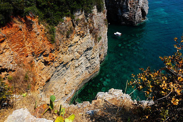 Jagged cliffs plunge into clear turquoise waters where a small boat drifts, showcasing Montenegro stunning coastal beauty and rugged, natural landscape