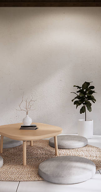 istock living room low table and pillow decoration wabisabi  room interior .3D rendering 2209848225