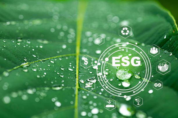 Green Leaf with Water Droplets Featuring ESG Symbols for Sustainability