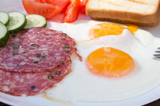 A close-up photograph of a traditional breakfast, featuring fried eggs, salami