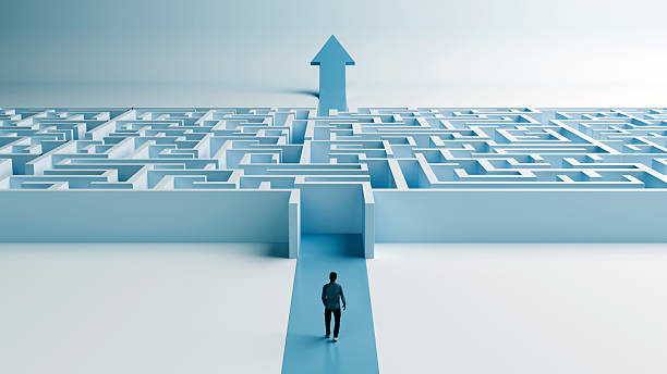 istock Man Walking Toward Maze with Up Arrow Exit  Challenges, Strategy, and Success, 3D Render 2209861733