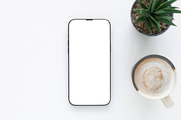 A flat-lay composition a modern smartphone with a blank white screen and ceramic cup of coffee, succulent plant in a minimalist container.