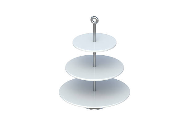 istock Three tiered dessert stand isolated on white background. Empty tray for cakes, cupcakes, cookies. Bakery accessories. 3d render 2209867430