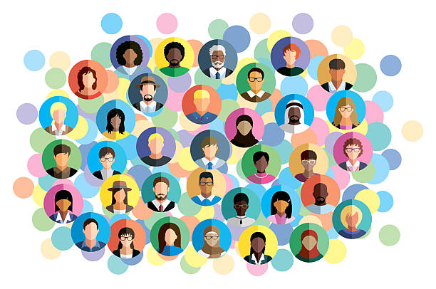 illustrazioni stock, clip art, cartoni animati e icone di tendenza di vector illustration of an abstract scheme, which contains people icons. group of people. social media. - multiculturalismo