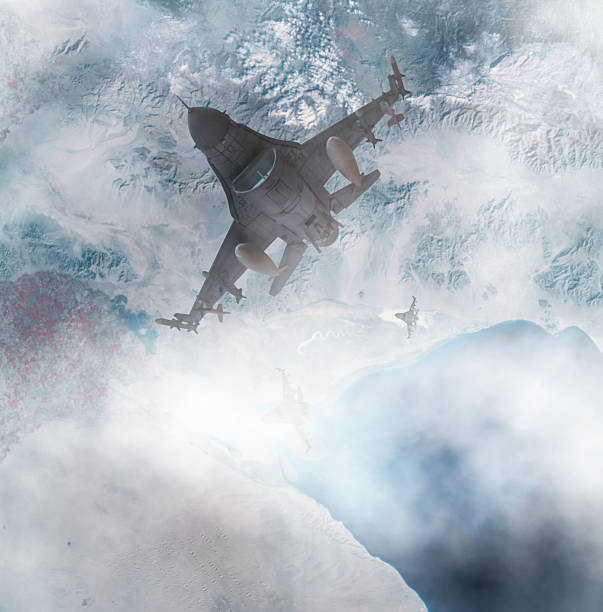 istock Air Force Fighter Jets flying over river. High Above The City. 2209910796