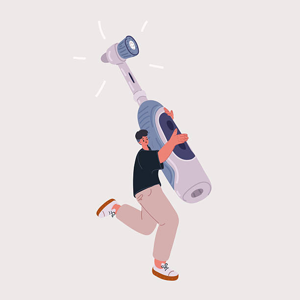 istock Vector illustration of Woman run with big electric brush 2209919912
