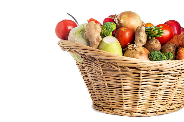 istock Assorted organic vegetables and fruits in wicker basket isolated on white background. Space for text. 2209923799
