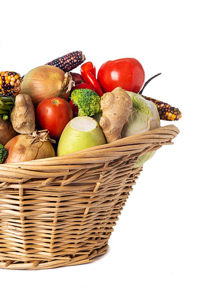 istock Assorted organic vegetables and fruits in wicker basket isolated on white background. Space for text. 2209923817
