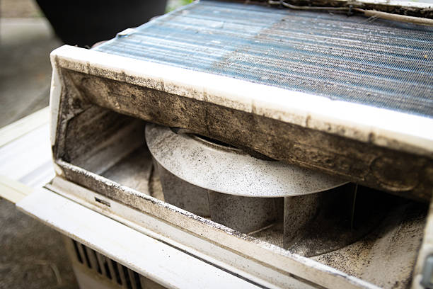 Black mold in air conditioner unit stock photo