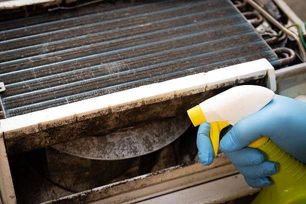 Cleaning mold from air conditioner unit stock photo