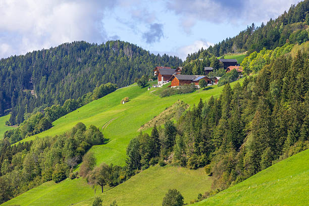 Dolomites, Italy. Aerial panoramic view of St. Magdalena or Santa Maddalena village houses in summer