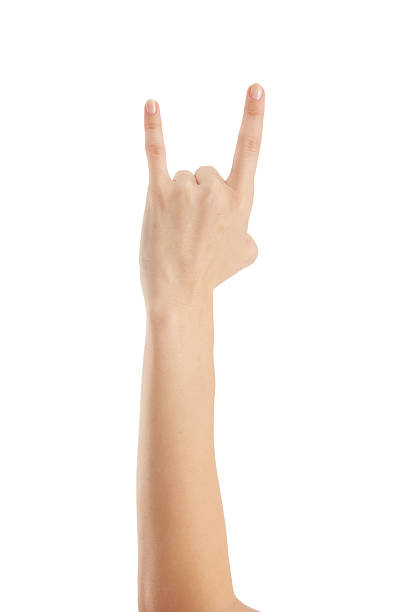 istock Female hand showing rock n roll sign or giving the devil horns gesture 2209947108