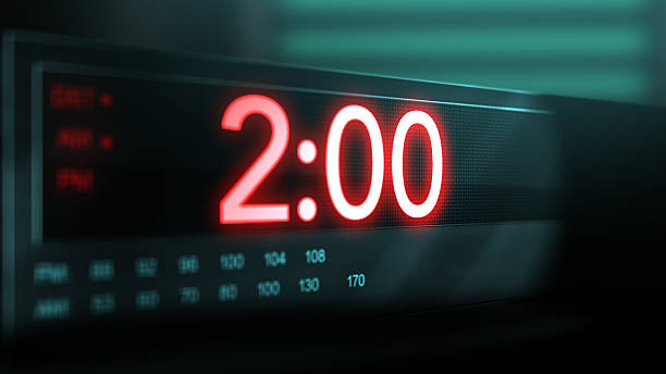 Camera pans across old digital clock as time arrives at 2 AM