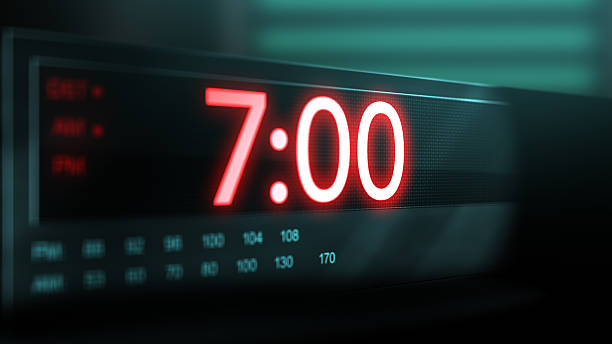 istock Camera pans across old digital clock as time arrives at 7 AM 2209947789