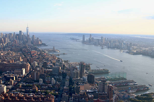 Aerial view of New York City skyline and the Hudson River from The Edge building observation deck Aerial view of New York City skyline and the Hudson River from The Edge building observation deck, NYC, USA. new york marathon photos stock pictures, royalty-free photos & images